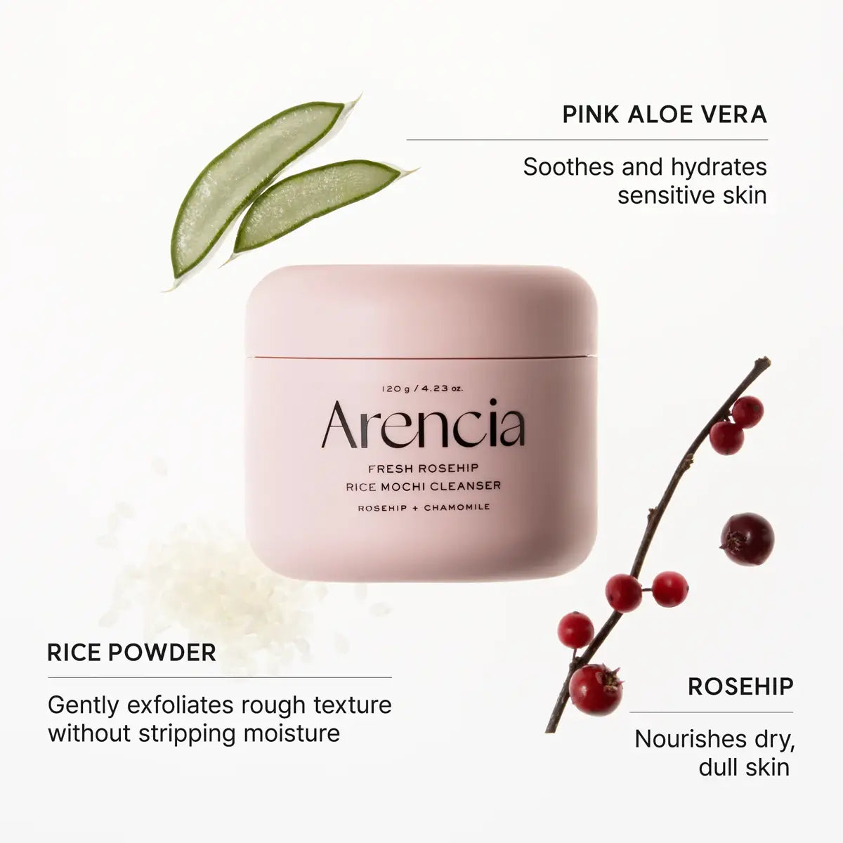 Pink jar of Arencia cleanser with pink aloe vera leaves, rice powder, and rosehip illustration on a white background.