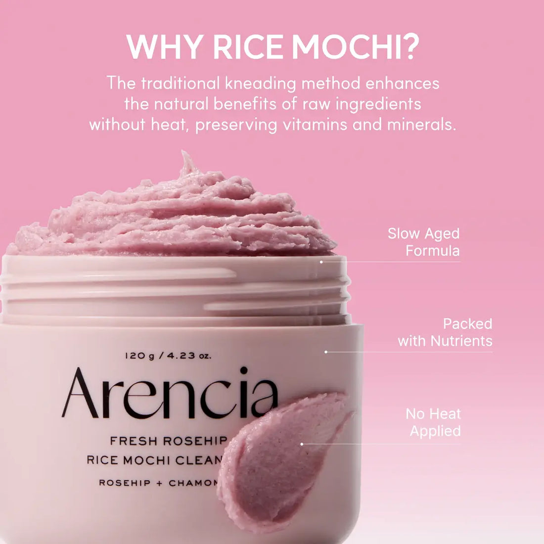 Arencia Fresh Rosehip Rice Mochi Cream jar with pink cream on a pink background