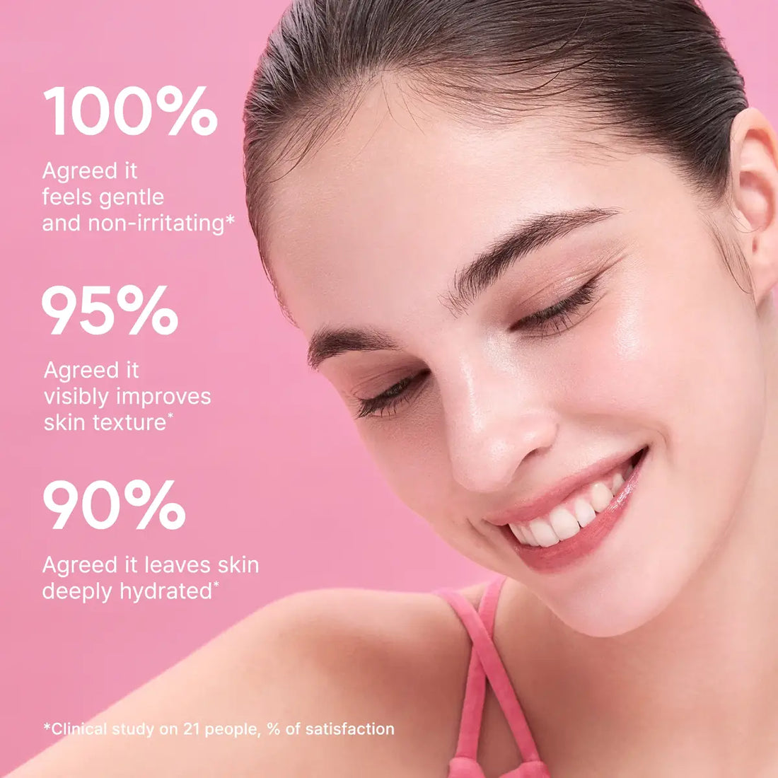 Woman with smooth skin on a pink background with skincare product text