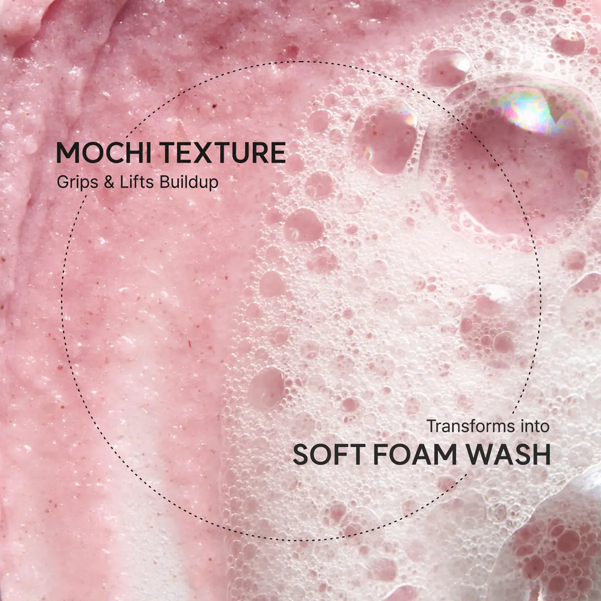 Close-up of pink mochi texture with text indicating its properties