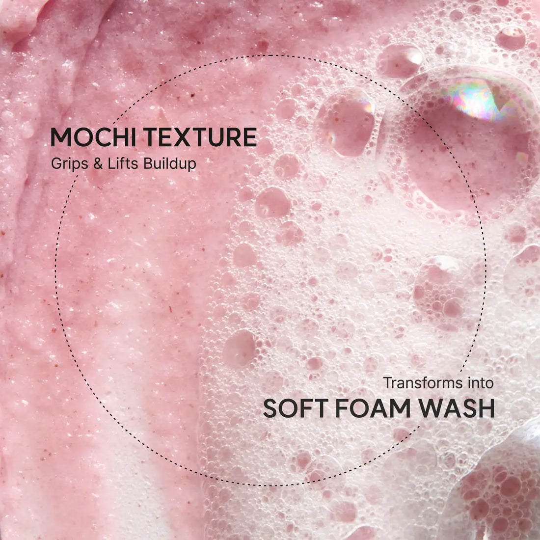 Close-up of pink mochi texture with text indicating its properties