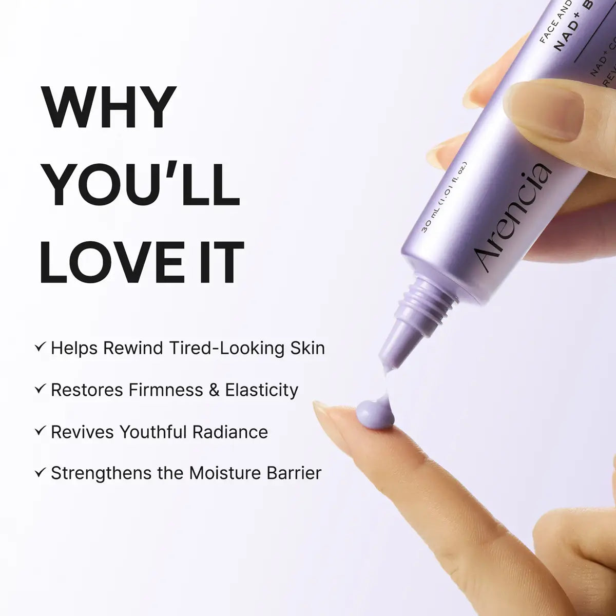 Avencia skincare product being applied with text highlighting benefits on a white background
