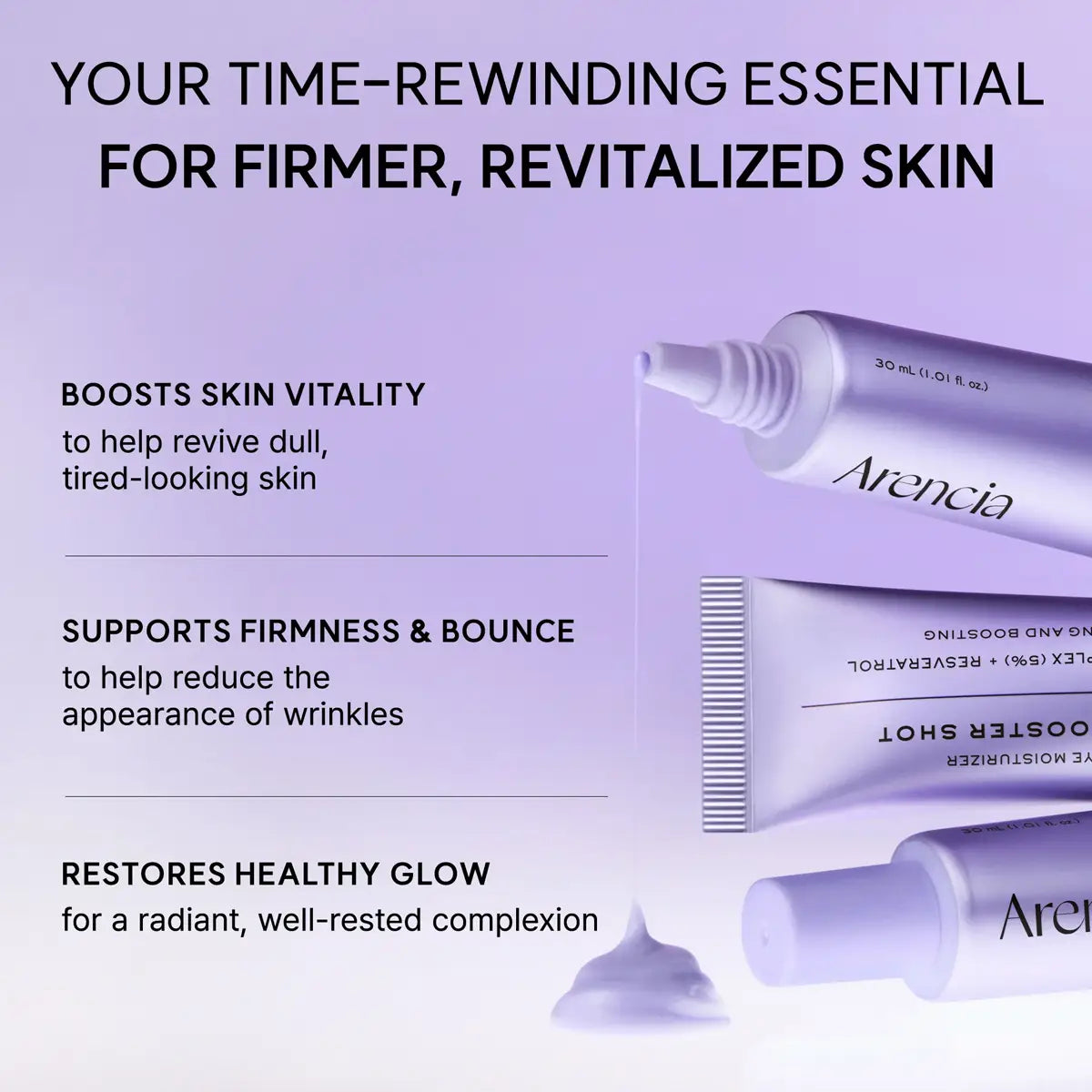 Cosmetic product packaging with text on a purple background