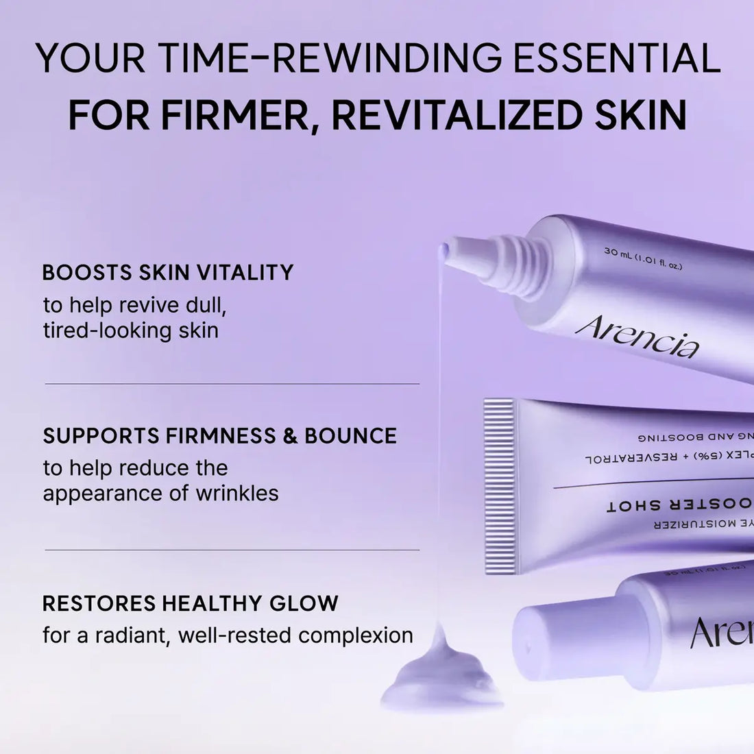 Cosmetic product packaging with text on a purple background
