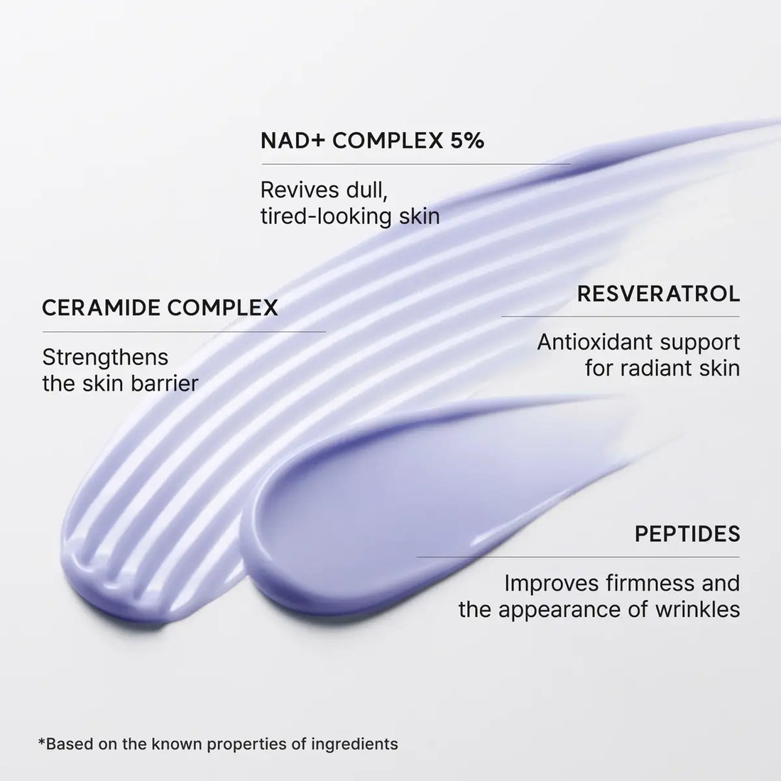 Purple skincare product with text detailing its ingredients and benefits on a white background