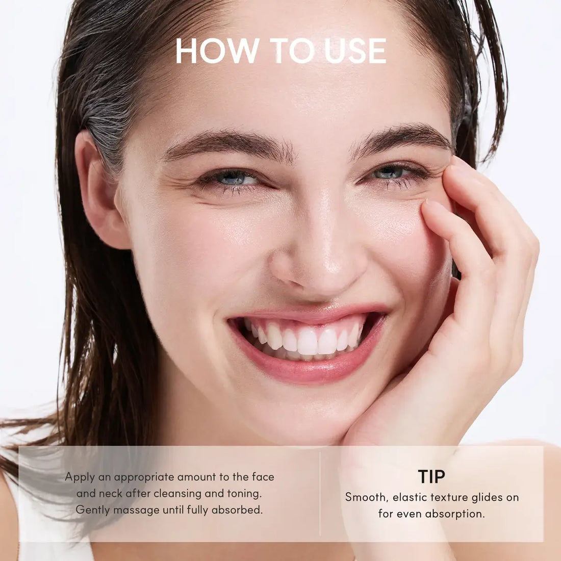 Woman applying skincare product with text on how to use it