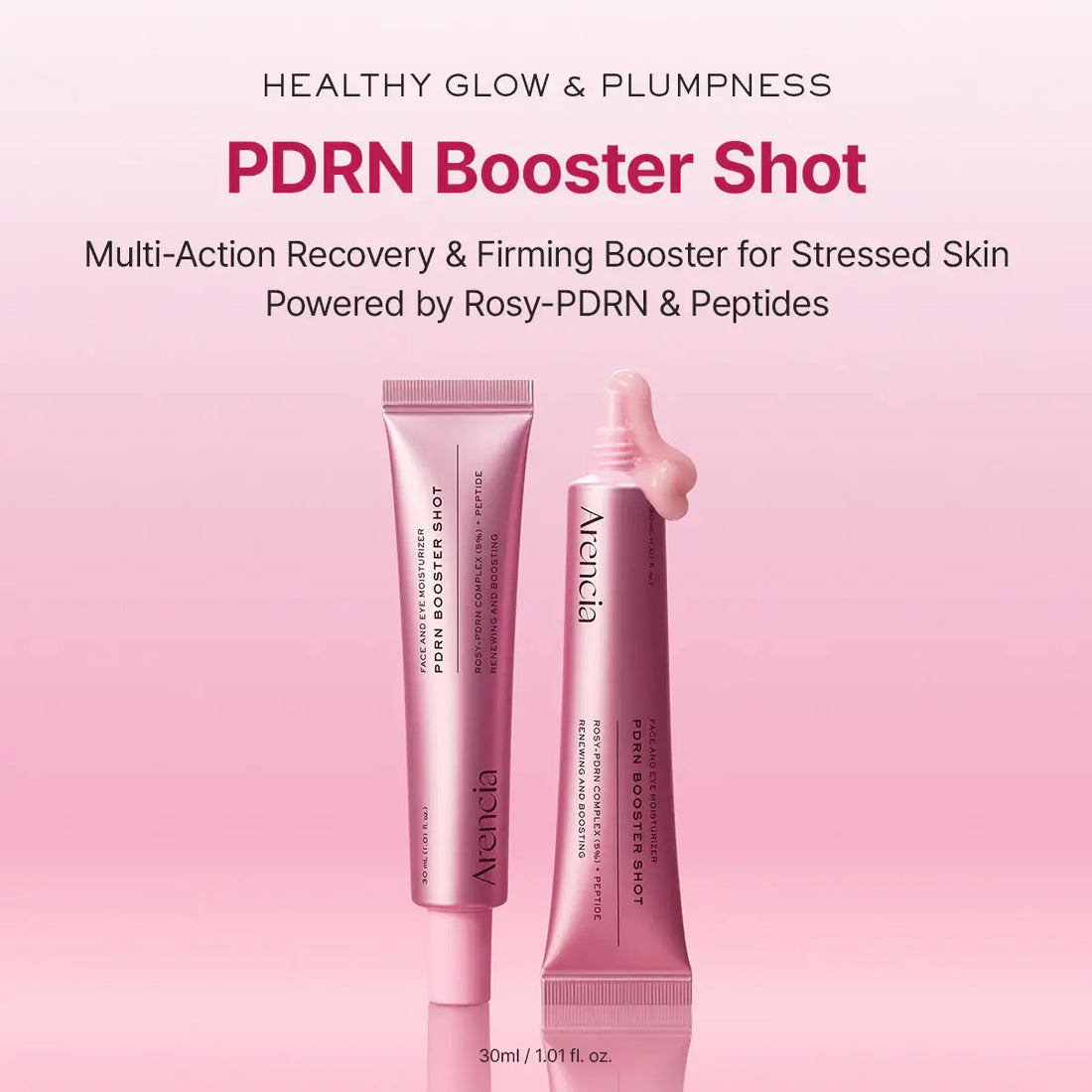 PDRN Booster Shot skincare product with text on a pink background