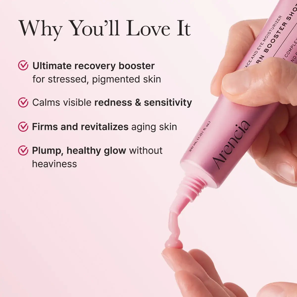Pink skincare product being applied with text highlighting benefits on a white background