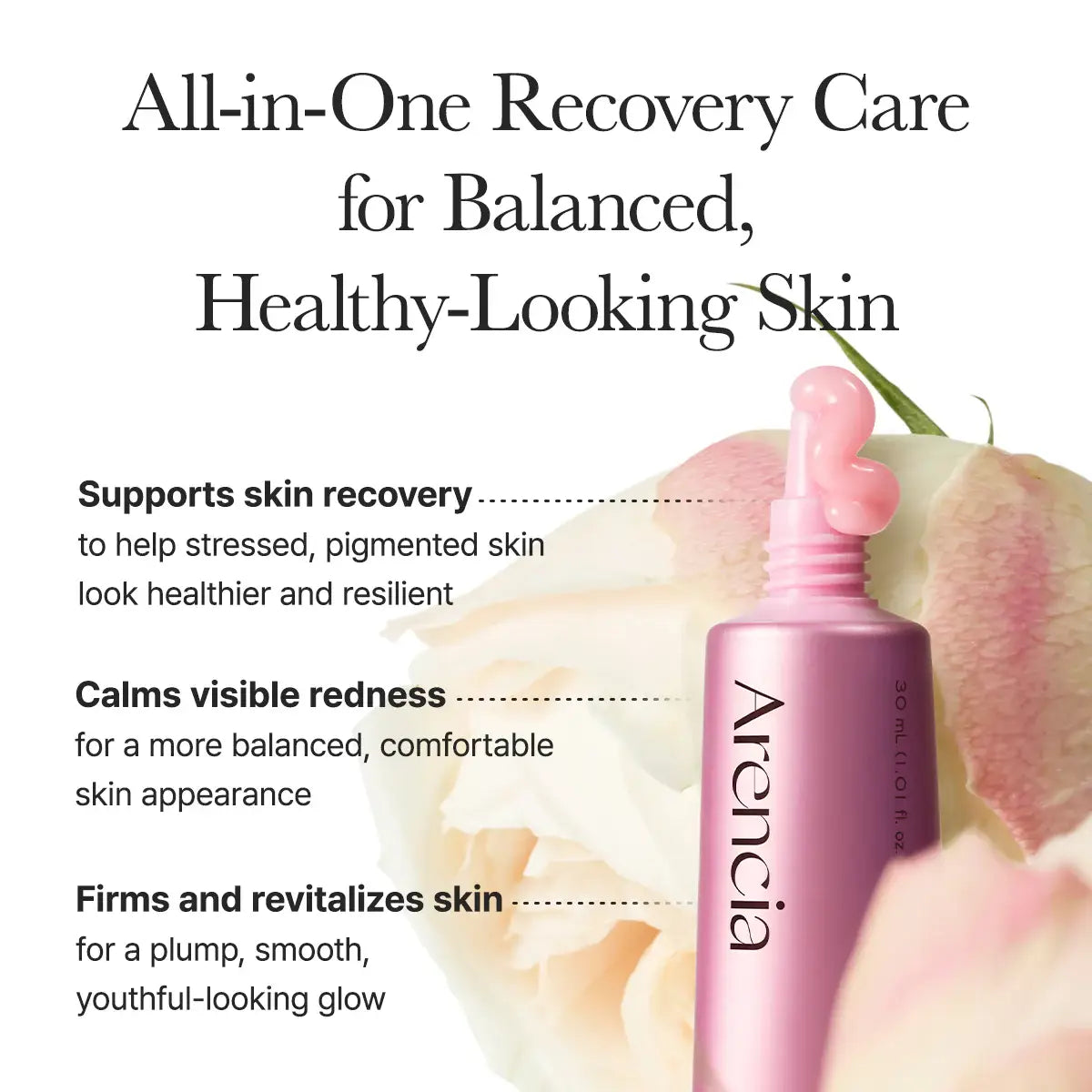 Pink skincare bottle with text about skin care benefits on a white background