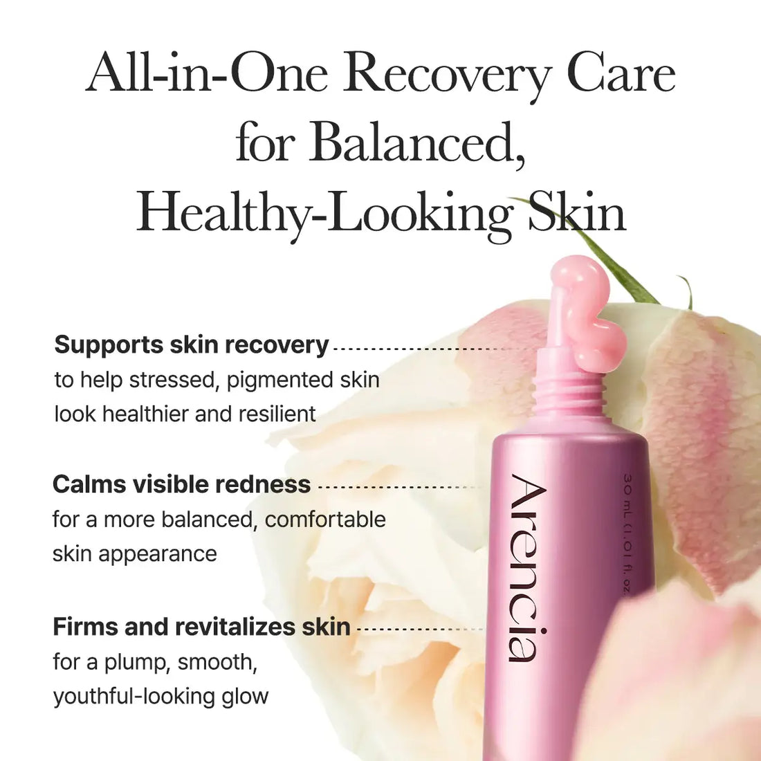 Pink skincare bottle with text about skin care benefits on a white background