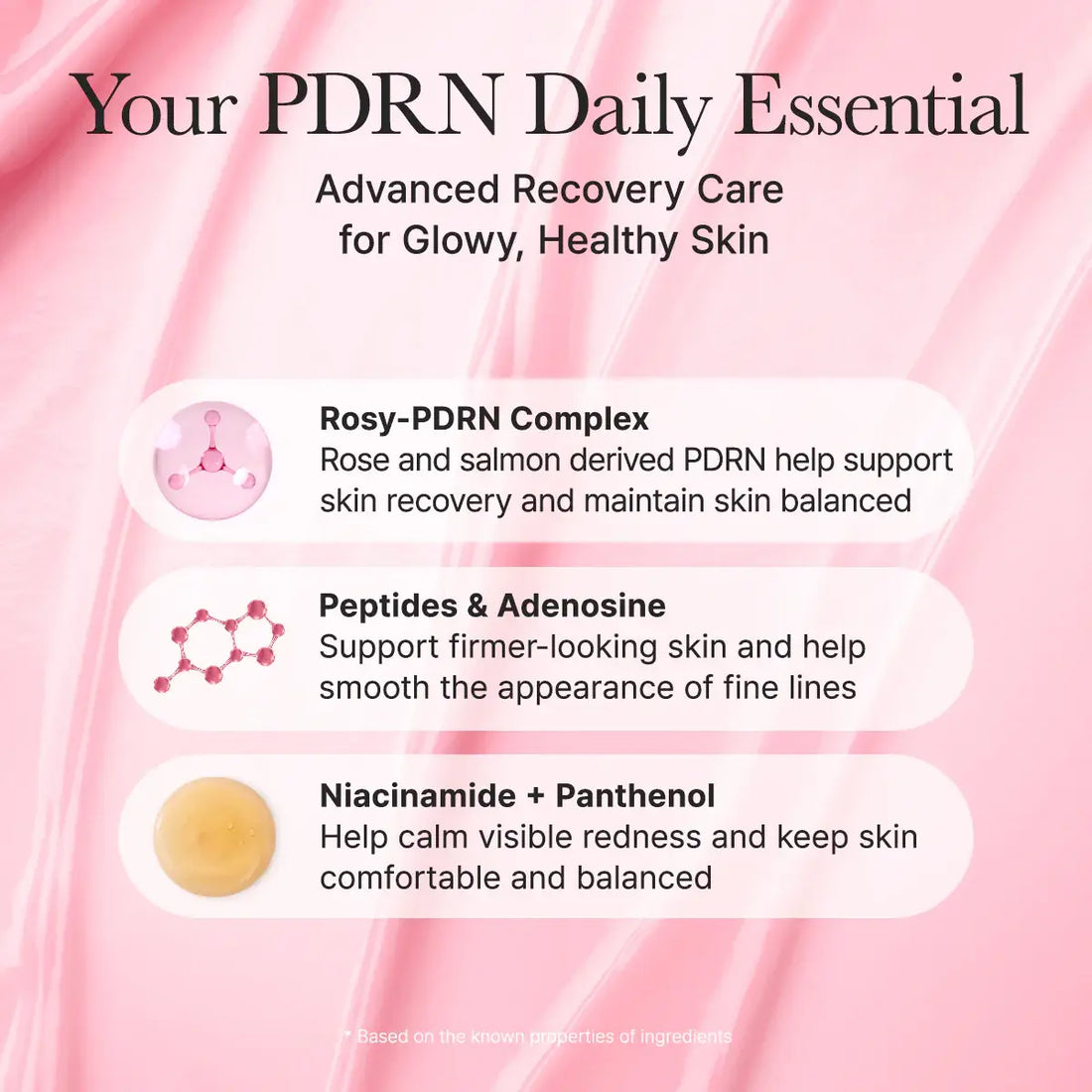Advertisement for PDRN daily essential skincare product with ingredients listed on a pink background.