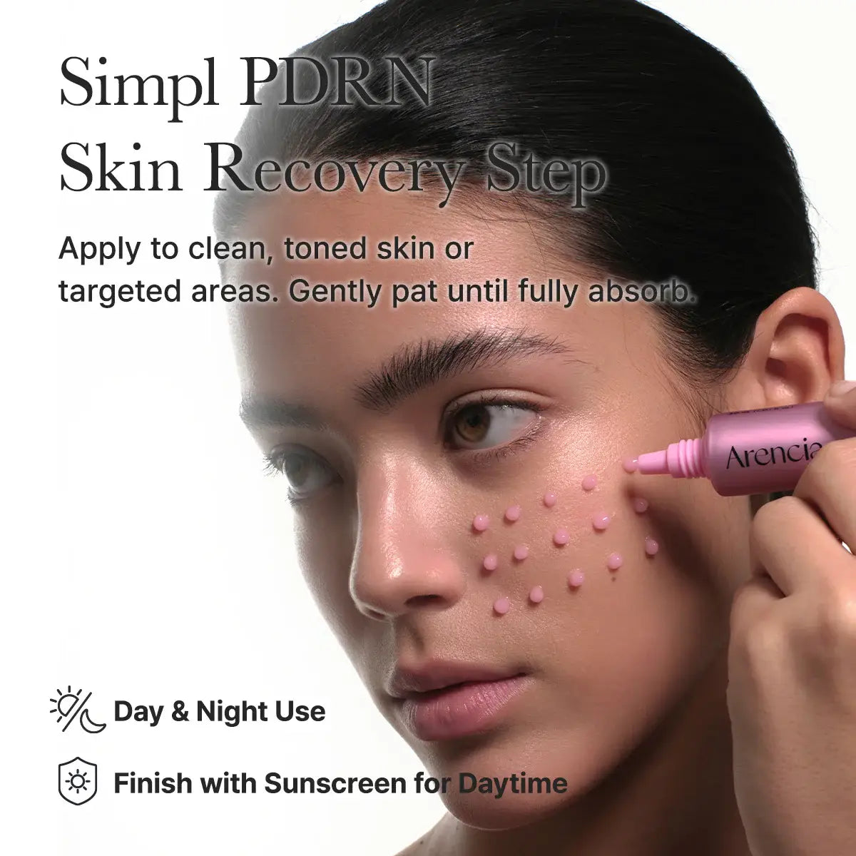Person applying a skincare product to their face with text about the product's use and benefits.