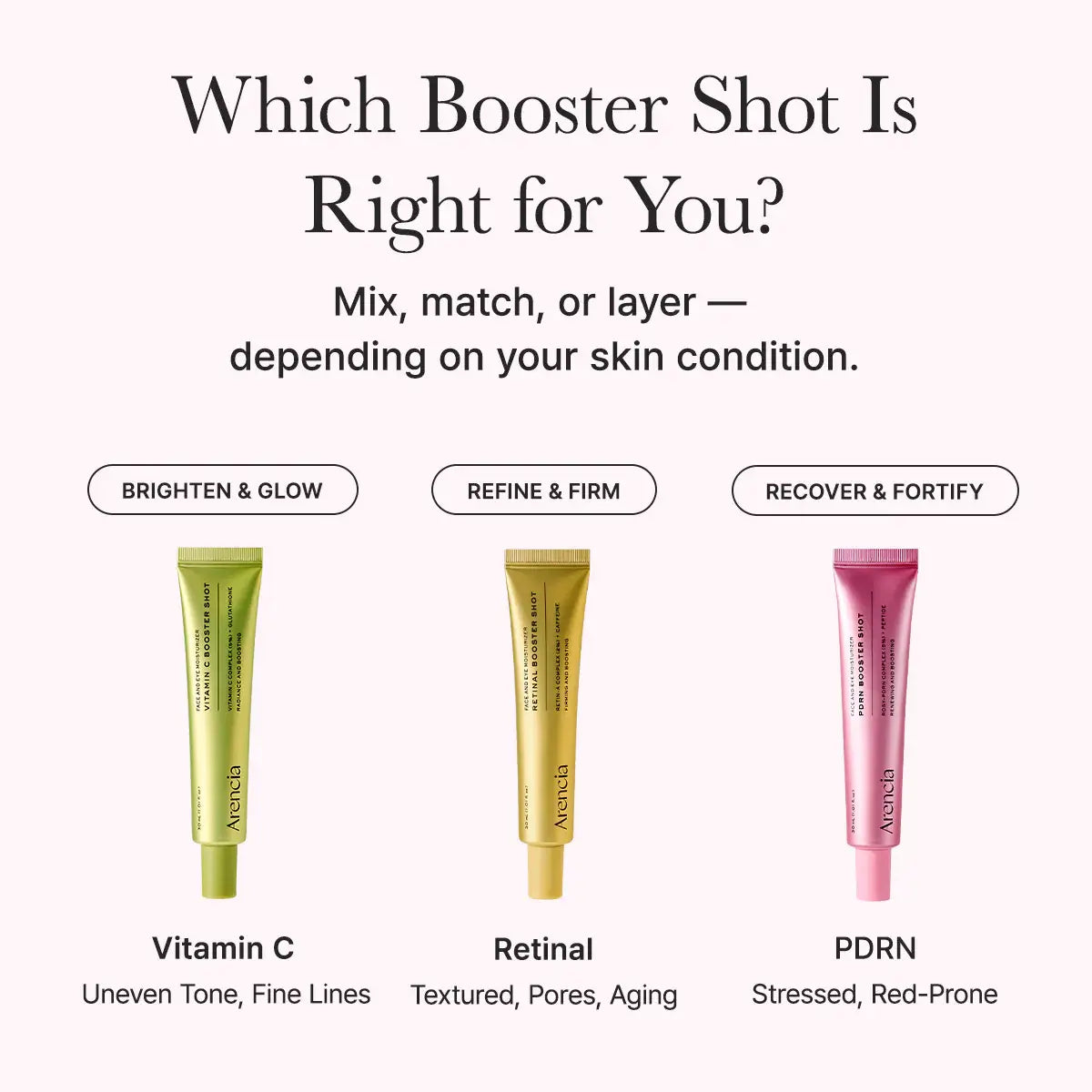 Three skincare booster shots with labels for different skin conditions on a white background.