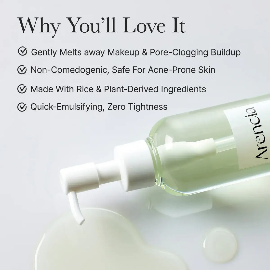 Skincare product with text highlighting its benefits on a light background