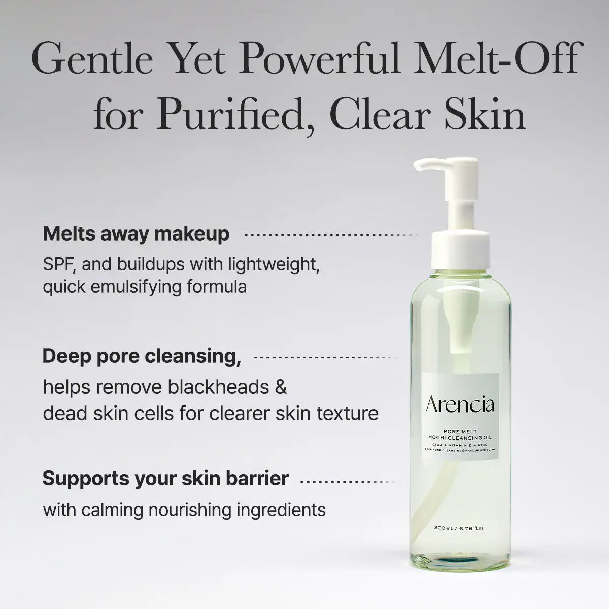 Bottle of Arencia skincare product with text on a gray background