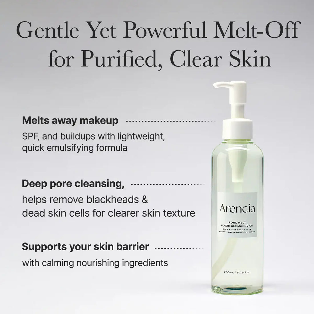 Bottle of Arencia skincare product with text on a gray background