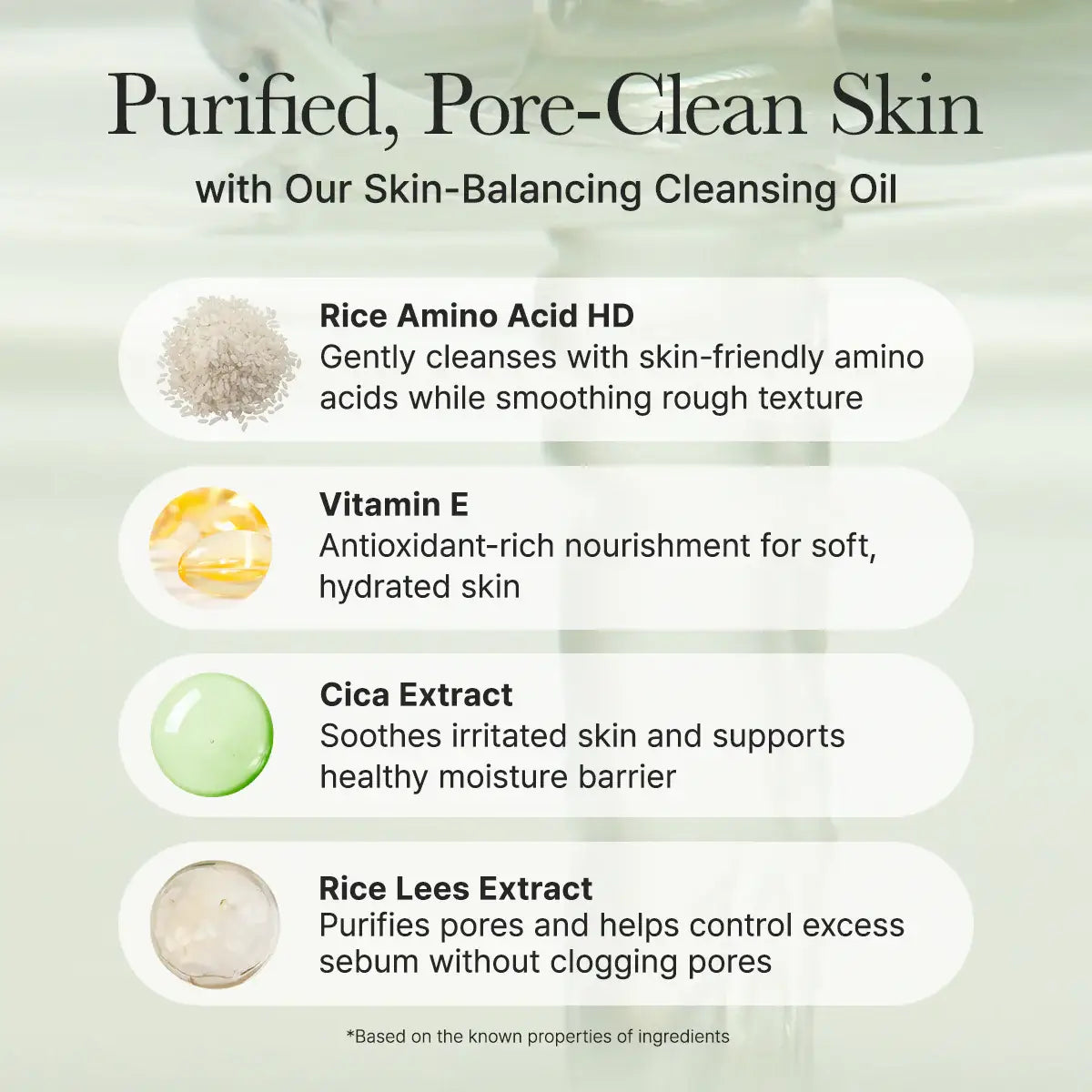 Product description card for skin-balancing cleansing oil with ingredients listed.