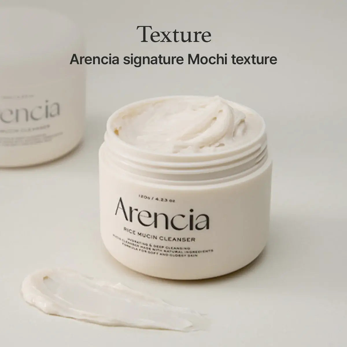 Arencia rice mucin cleanser with texture on a light background