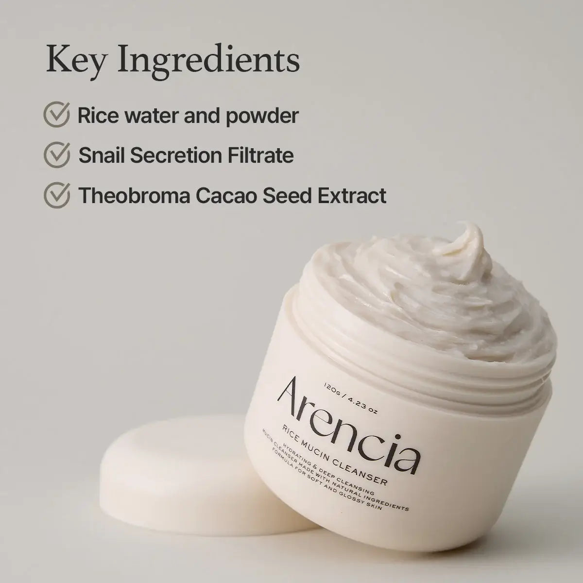 Jar of Arencia rice mucin cleanser with key ingredients listed on a light gray background