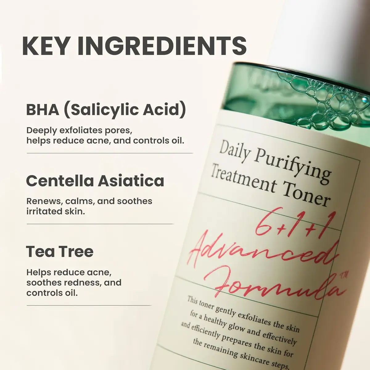 Daily Purifying Treatment Toner bottle with key ingredients listed on a white background