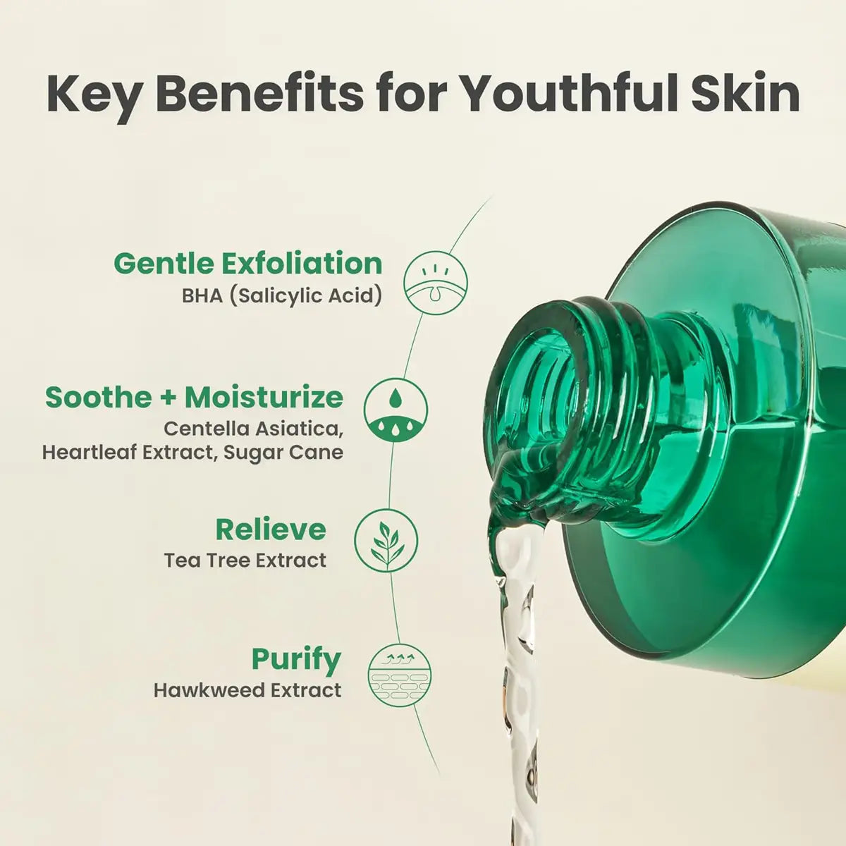 Green bottle pouring liquid with text on key benefits for youthful skin.