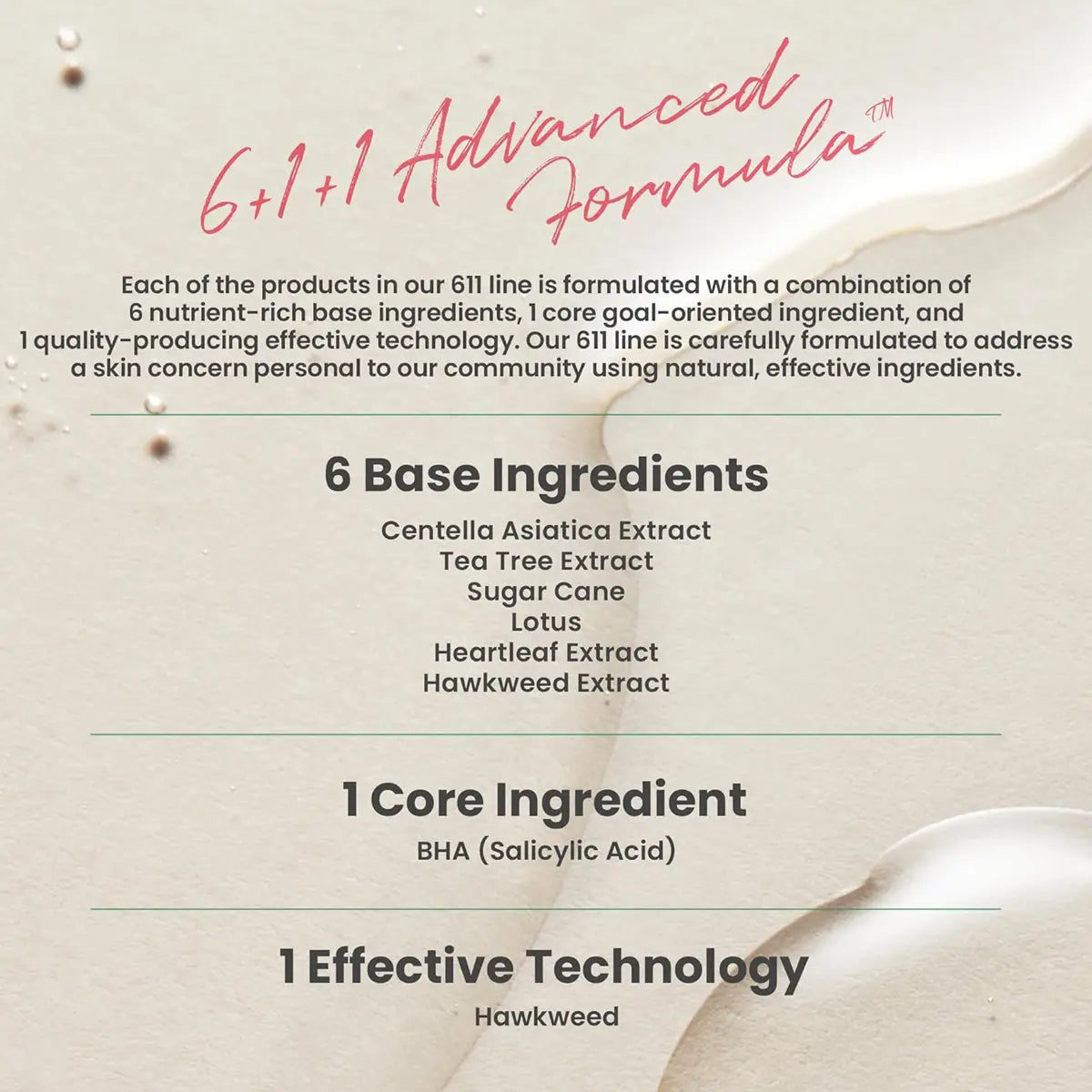 Product label with '6+1+1 Advanced Formula' text and list of ingredients on a beige background.