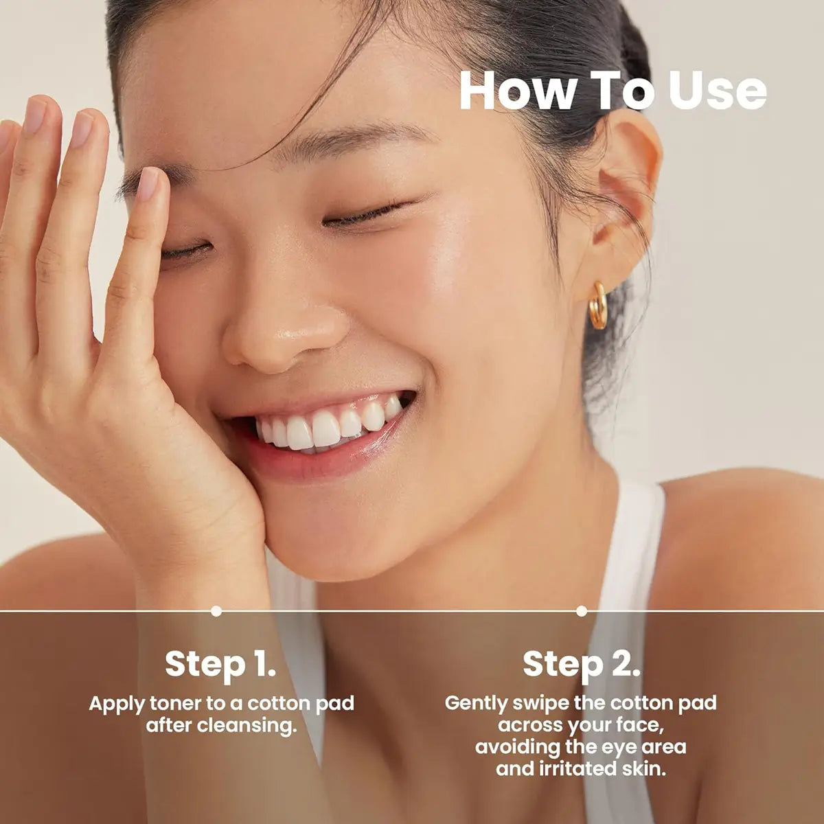 Woman applying toner with text on how to use it
