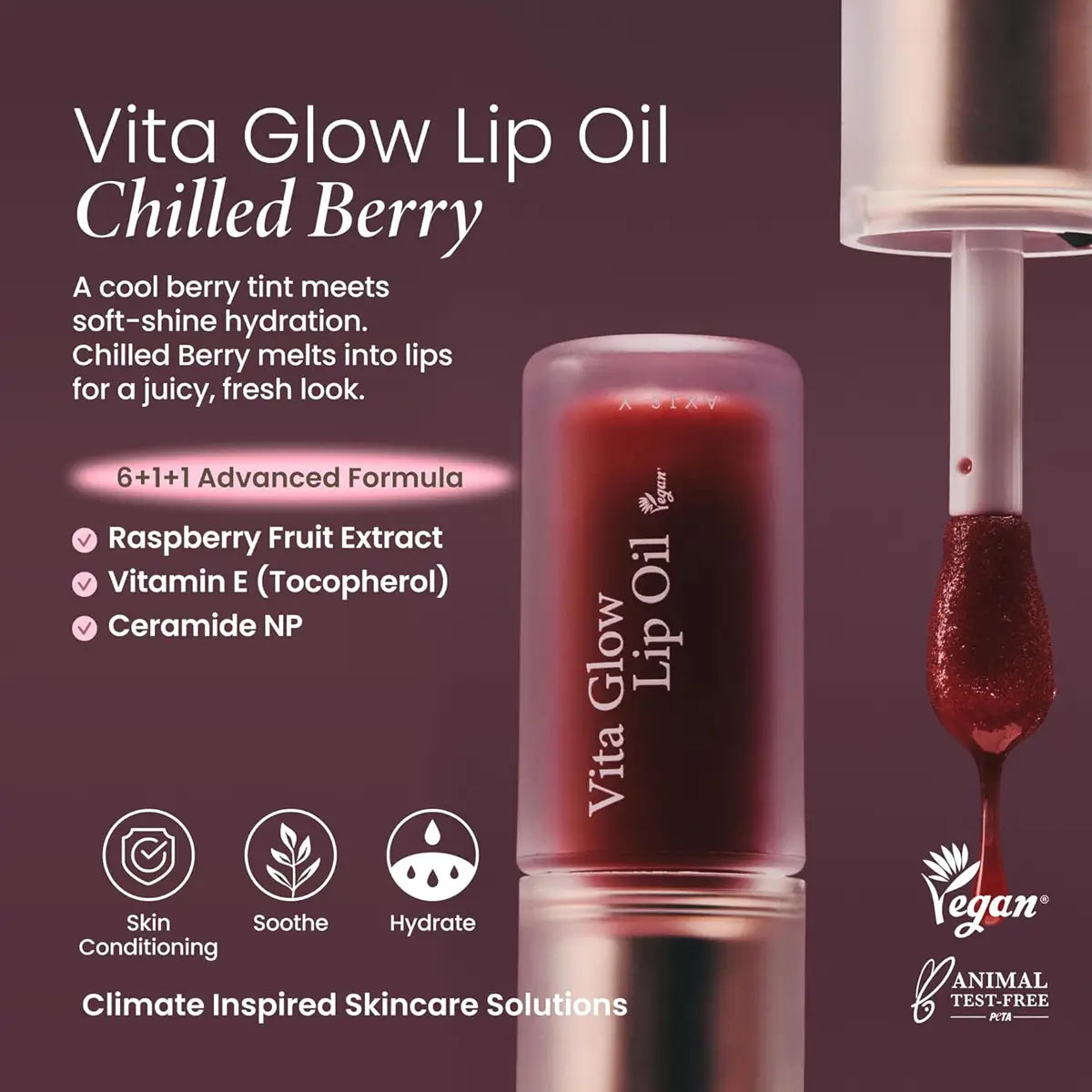 Vita Glow Lip Oil Chilled Berry with product details on a dark background