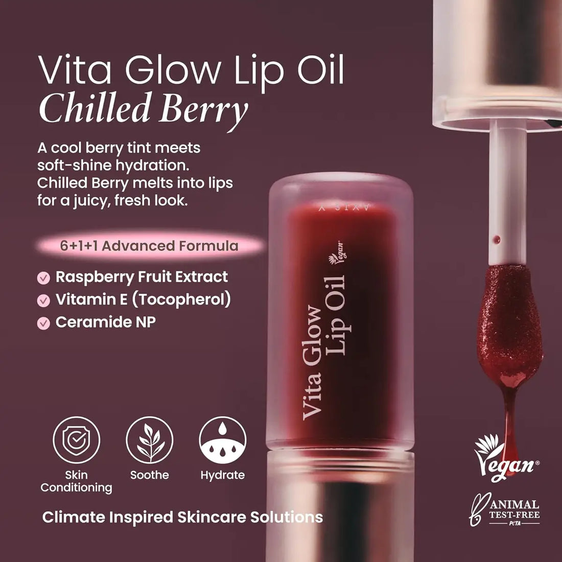 Vita Glow Lip Oil Chilled Berry with product details on a dark background