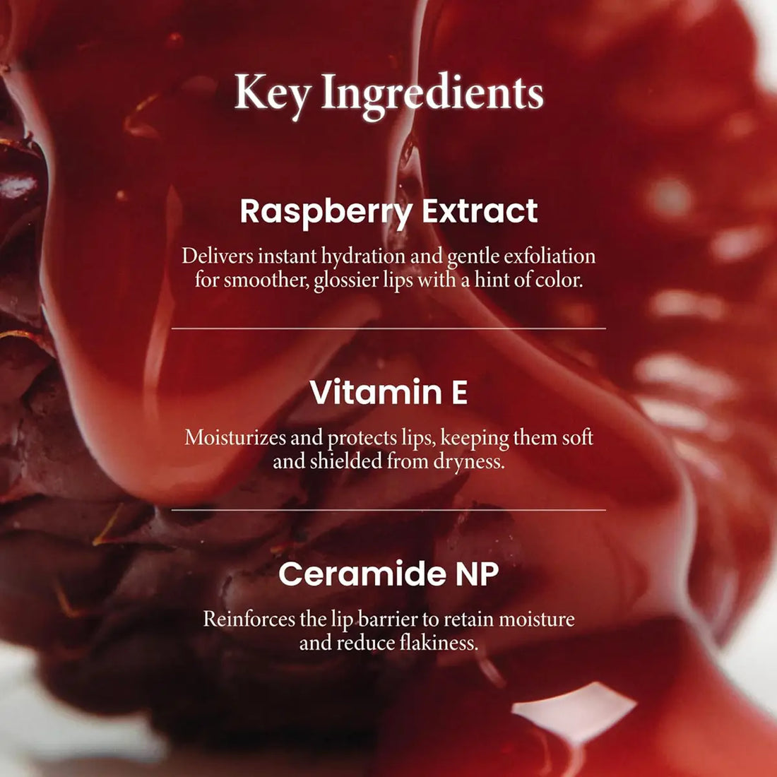 Lip oil with key ingredients listed on a dark background