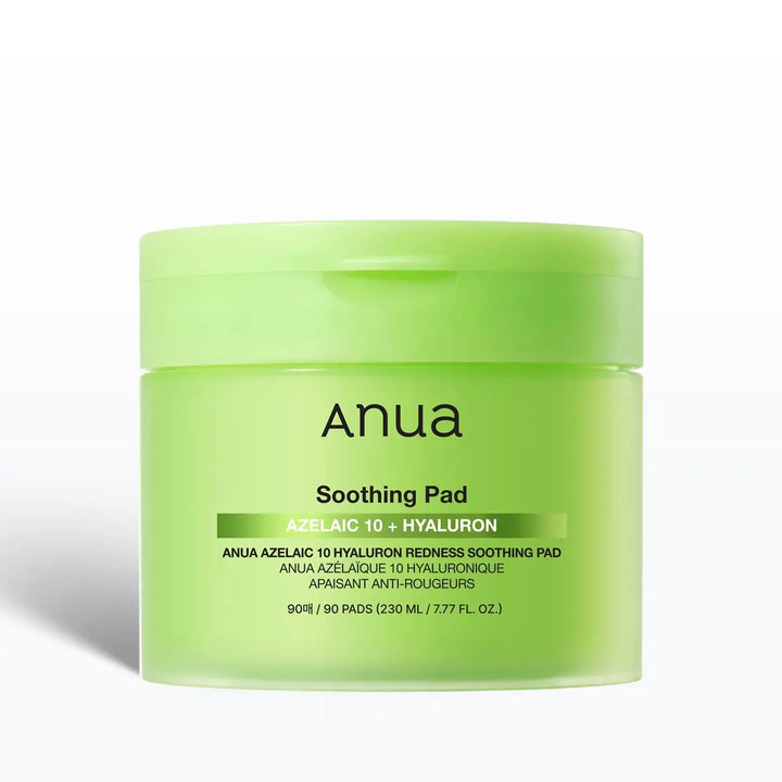 Green jar of Anua azelaic 10 hyaluron redness soothing pad on a white background