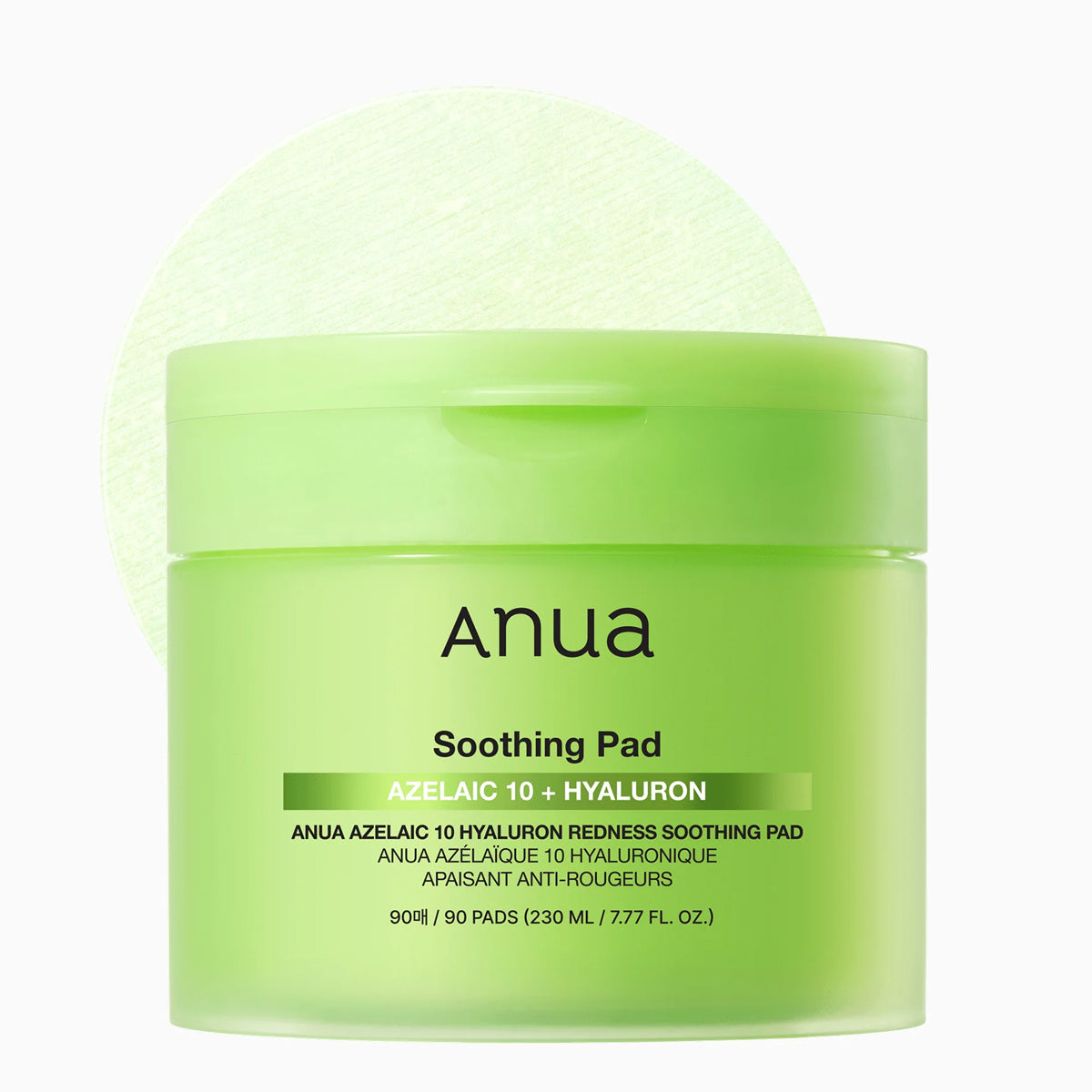 Anua Soothing Pad container with green lid and body on a white background