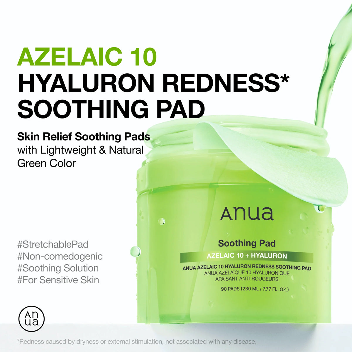 Anua Azelaic 10 Hyaluron Redness Soothing Pad packaging with green color and text on a white background