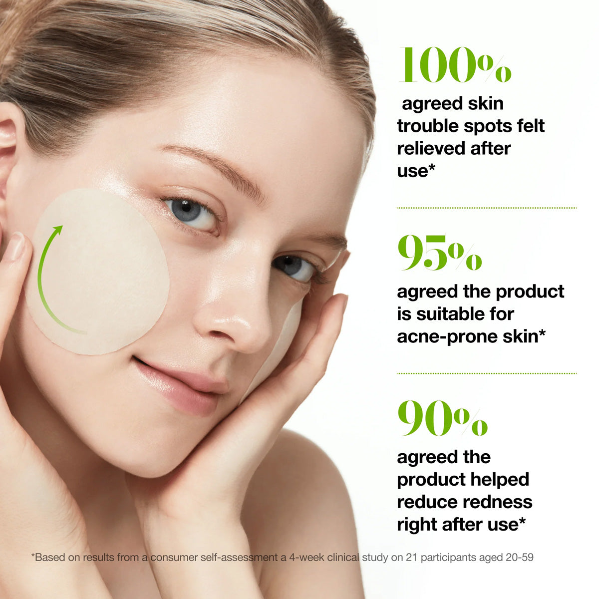 Woman applying a skincare product with text on skin improvement results.