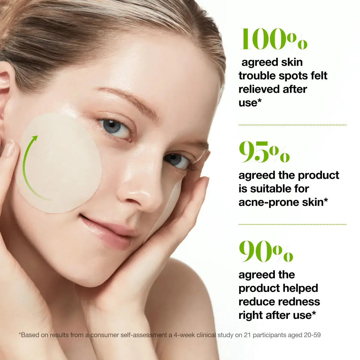 Woman applying a skincare product with text on skin improvement statistics.