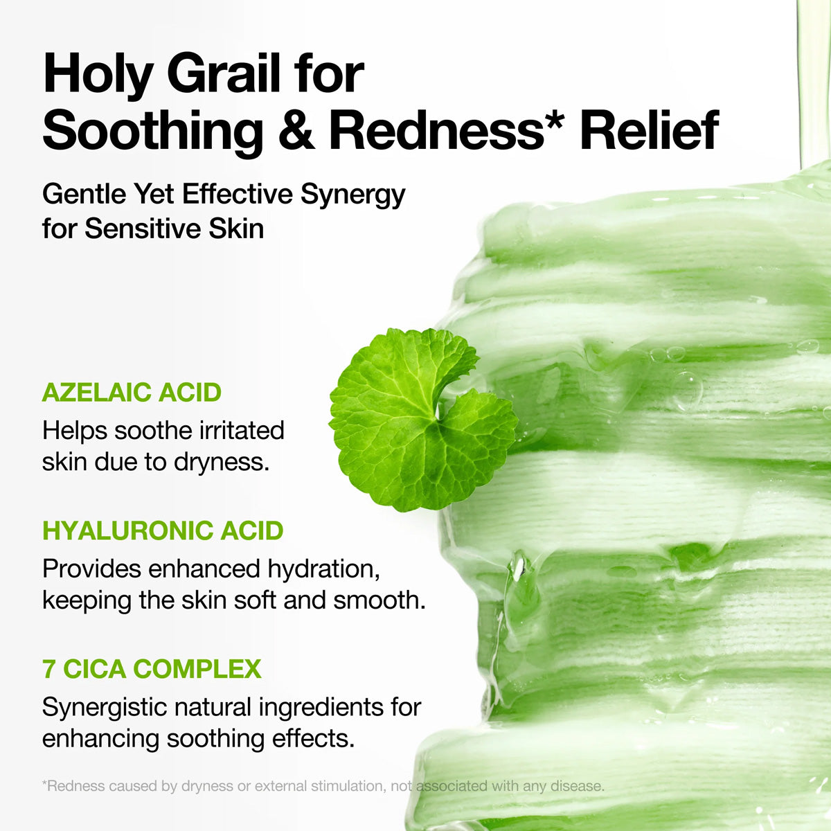 Product advertisement for a skincare solution with green leaf graphic and text about soothing and redness relief.