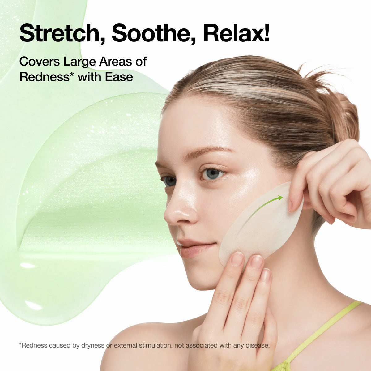 Woman applying a green patch to her face with text 'Stretch, Soothe, Relax!' and 'Covers Large Areas of Redness with Ease'.