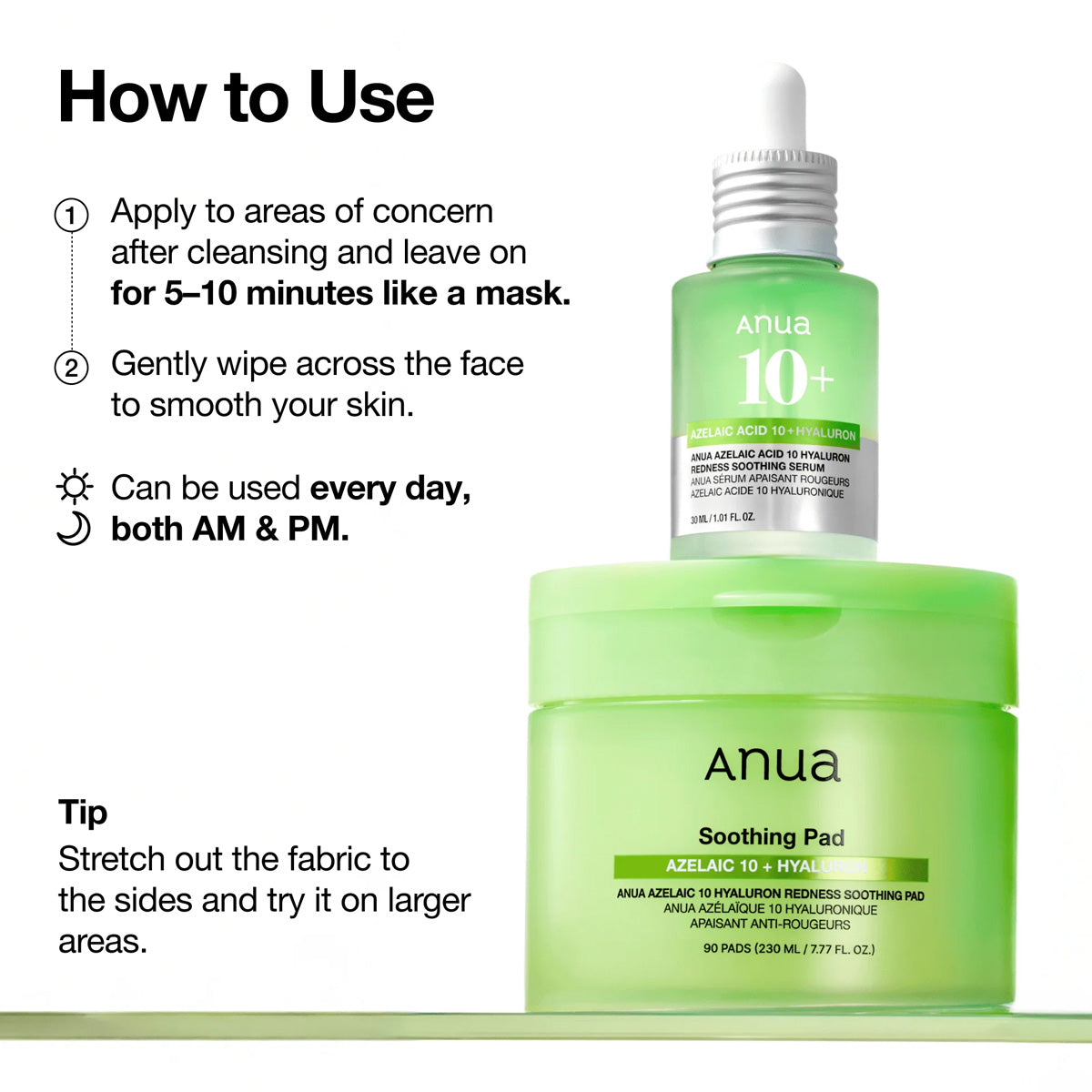 Anua skincare products with usage instructions on a white background