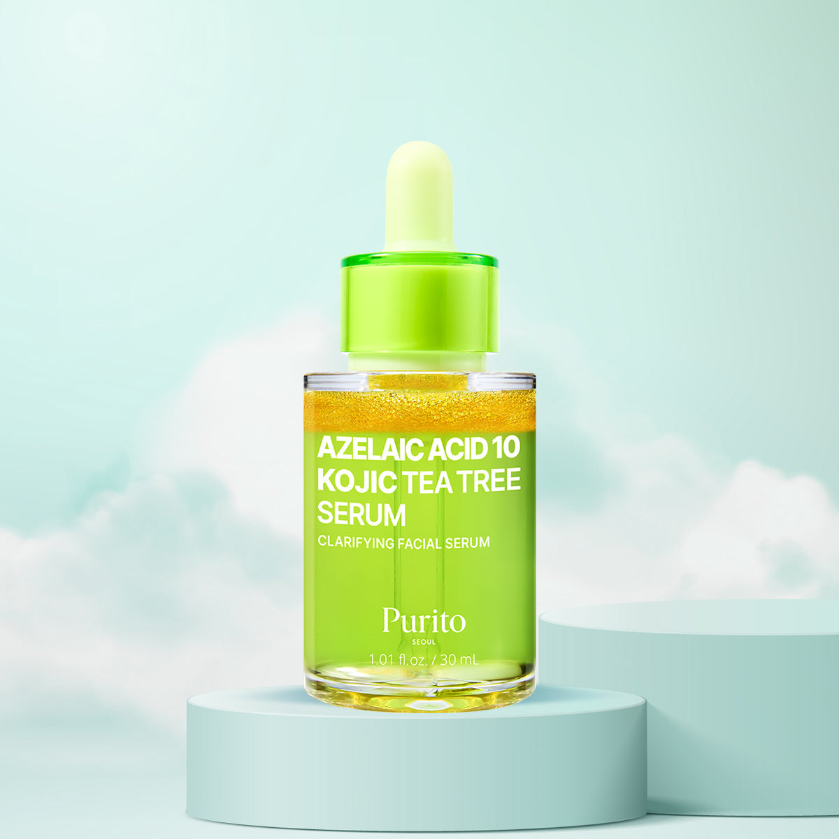 Purito Azelaic Acid 10 Kojic Tea Tree Serum bottle on a light blue background