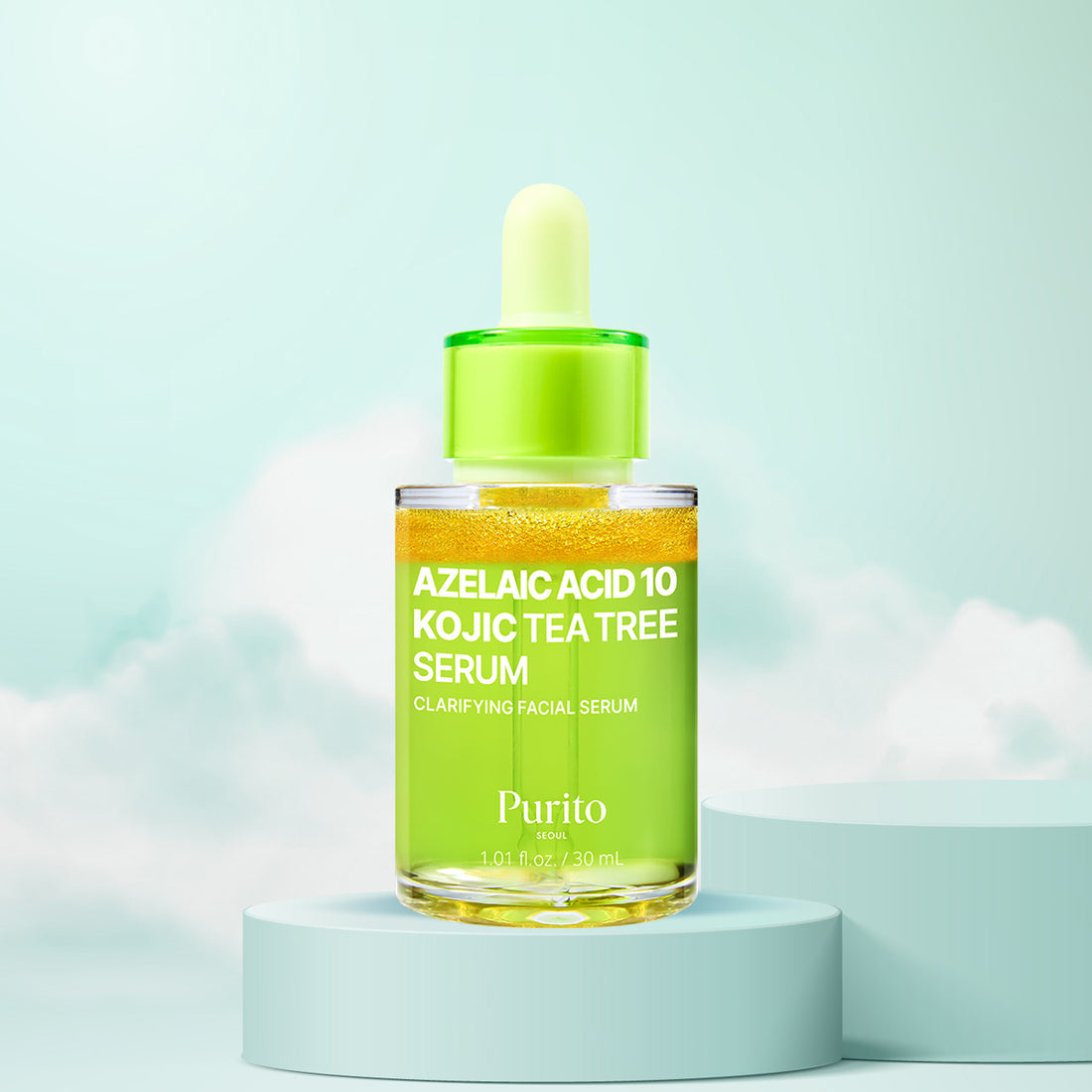 Purito Azelaic Acid 10 Kojic Tea Tree Serum bottle on a light blue background