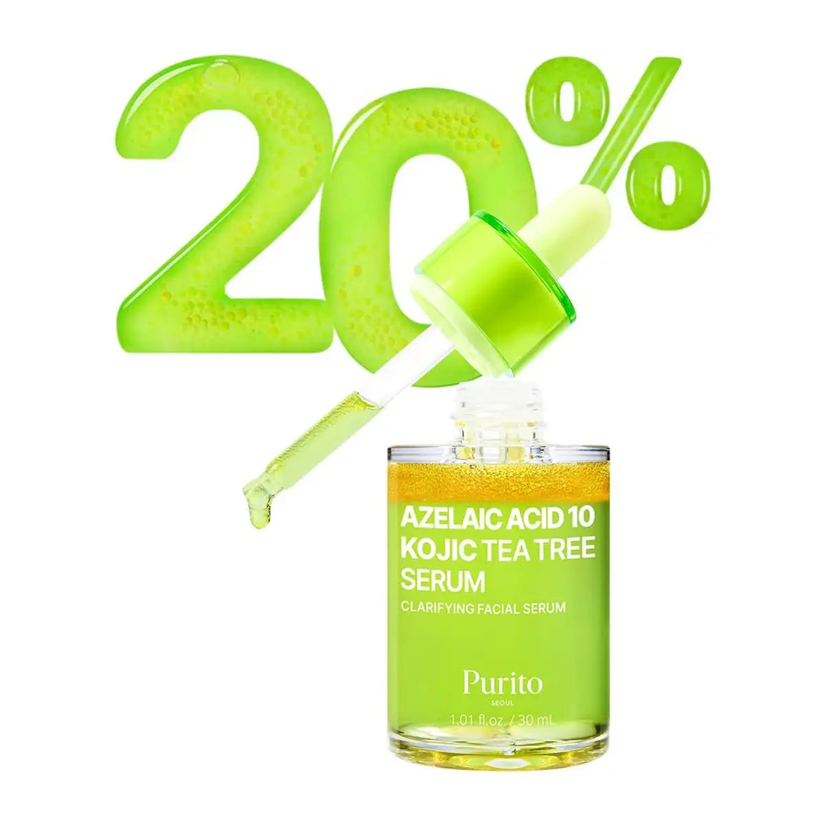 Purito facial serum bottle with green dropper and '20%' text on a white background