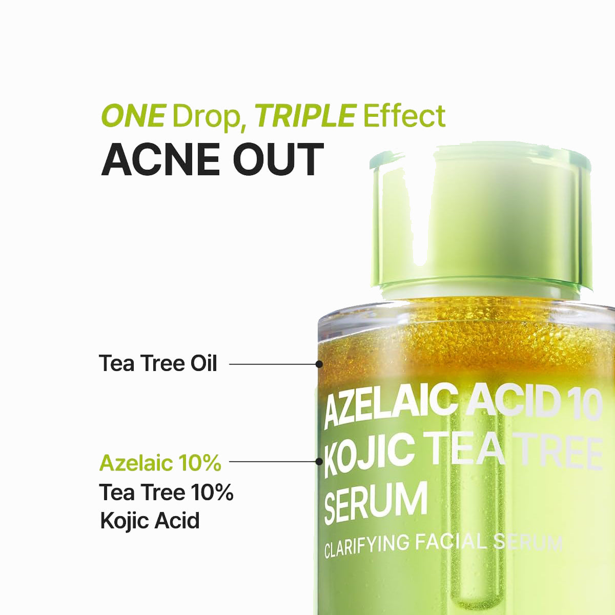 Facial serum bottle with text highlighting ingredients and effects on a white background