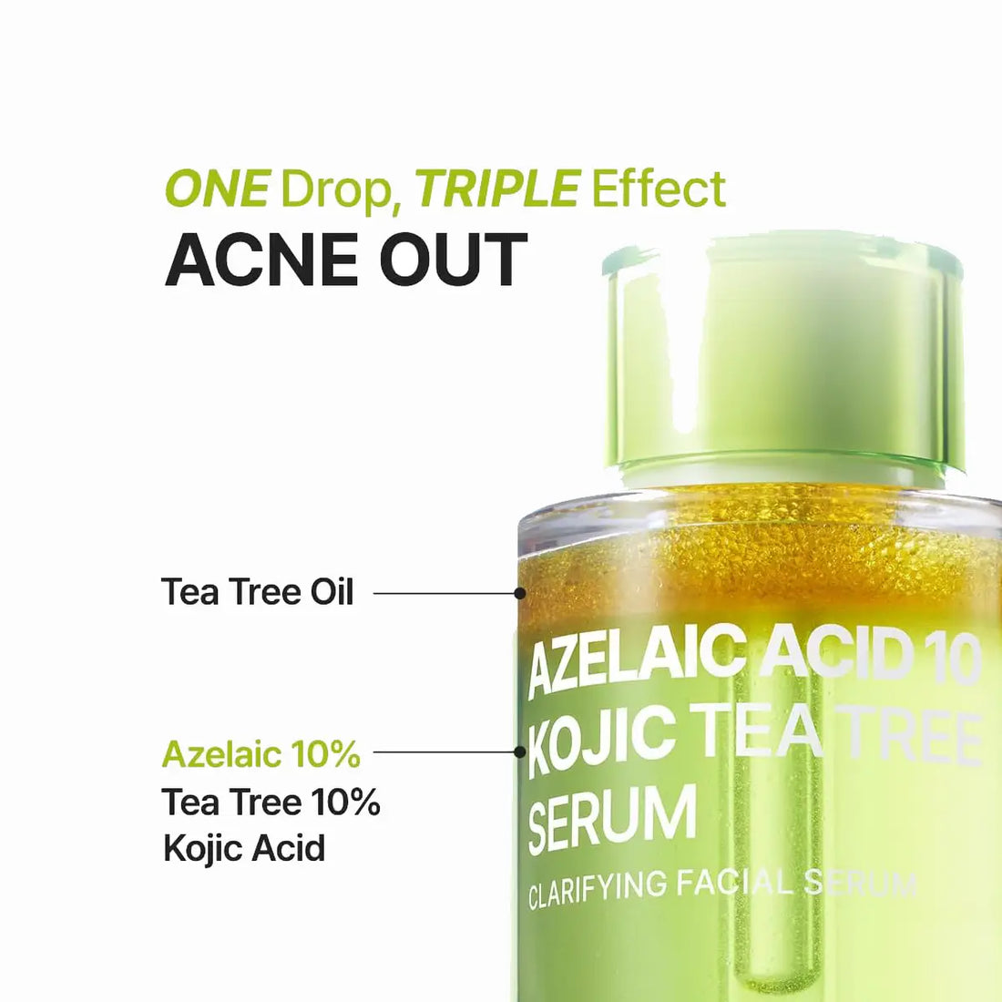 Facial serum bottle with text highlighting ingredients and effects on a white background