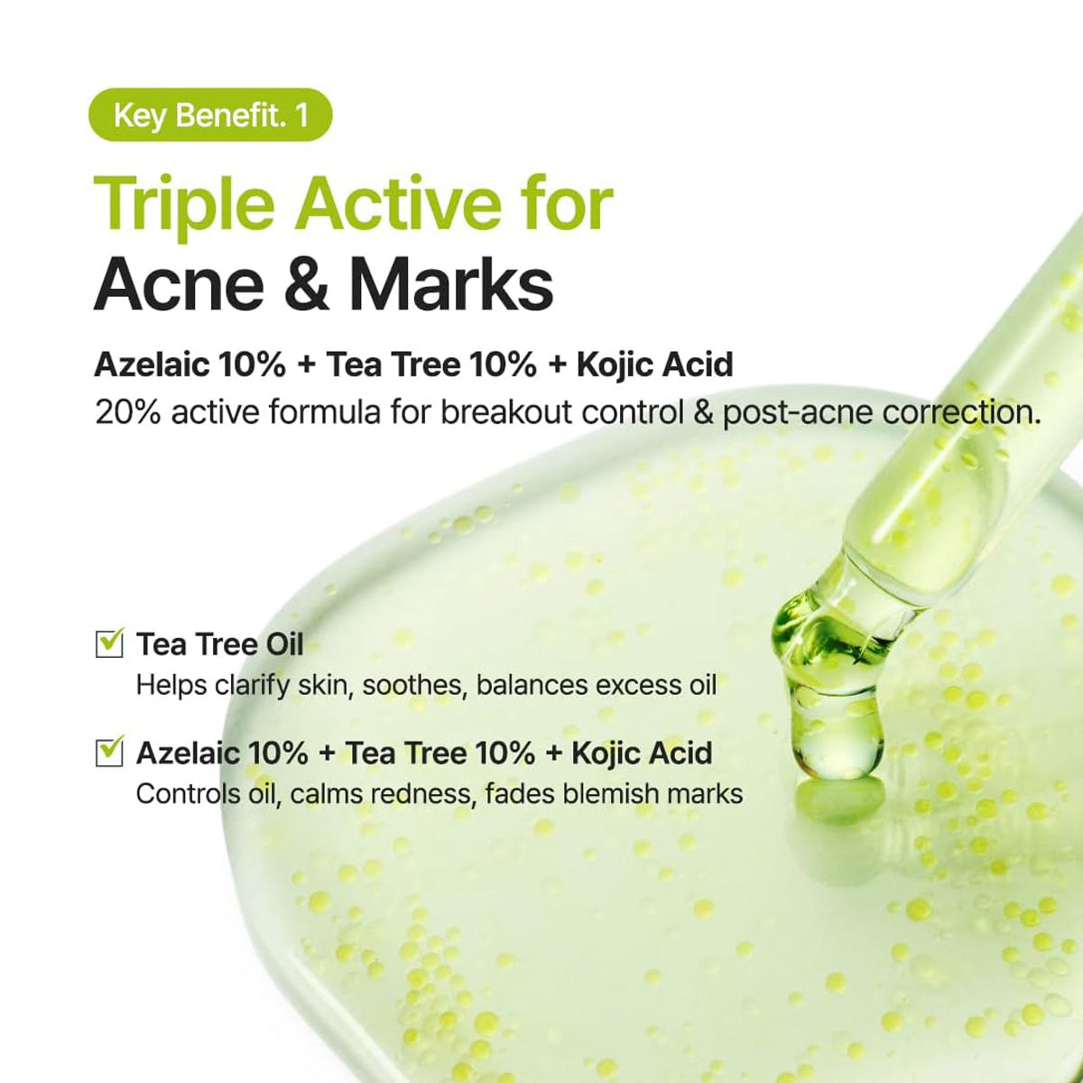 Product dropper with green liquid on a white background, highlighting key benefits for acne and marks.