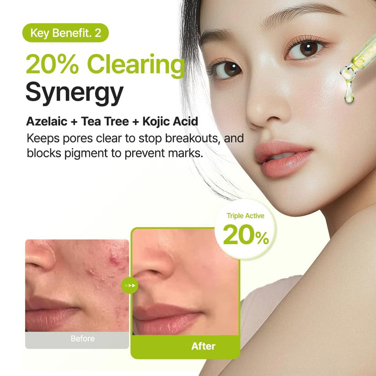 Advertisement for a skincare product with a woman's face and before-and-after effects on skin.