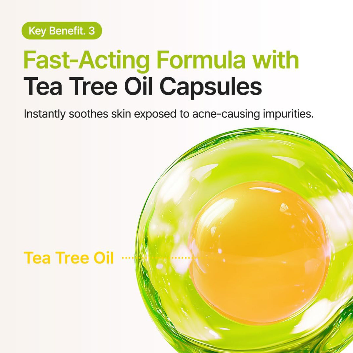 Tea tree oil capsule with text highlighting fast-acting formula and key benefits.
