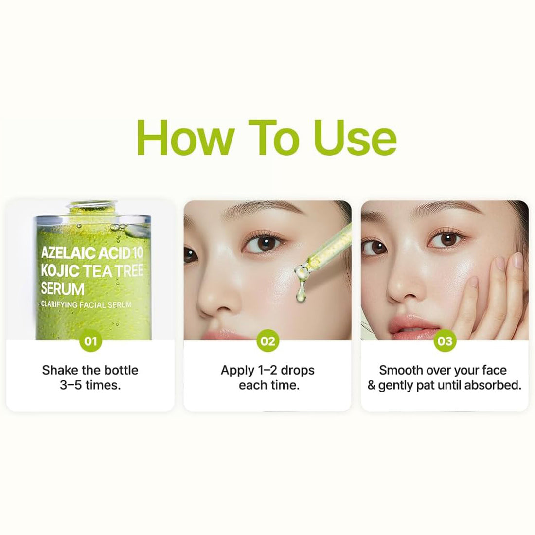 Instructions on how to use azelaic acid 10 kojic tea tree serum with a bottle and application steps.