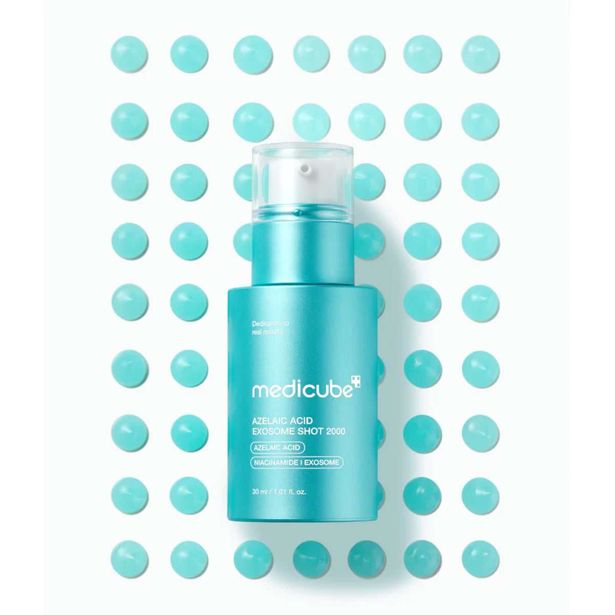 Blue skincare bottle with 'medicube' branding on a white background with blue dots.
