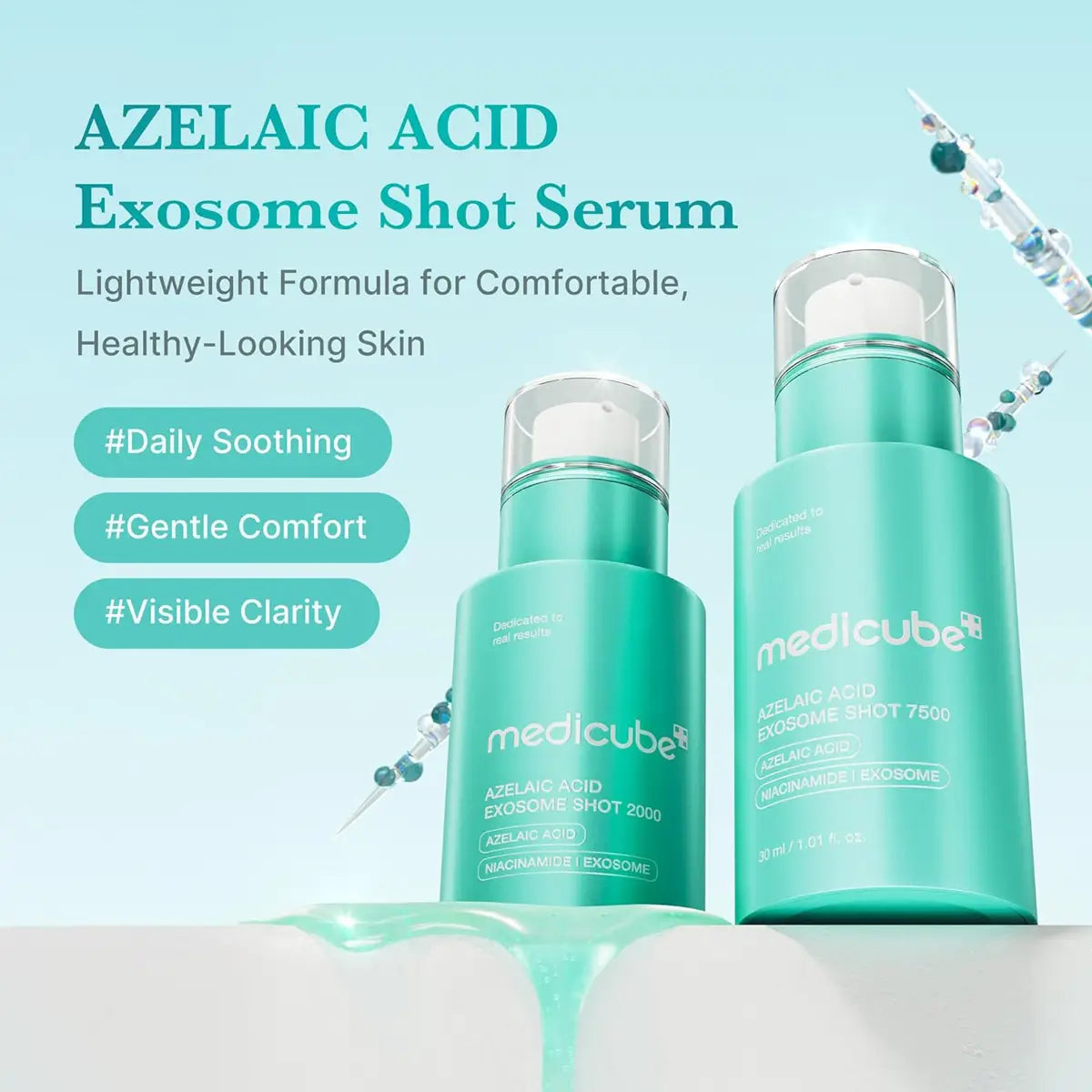 Two bottles of Medicube Azelaic Acid Exosome Shot Serum on a light blue background