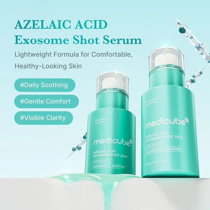 Two bottles of Medicube Azelaic Acid Exosome Shot Serum on a light blue background